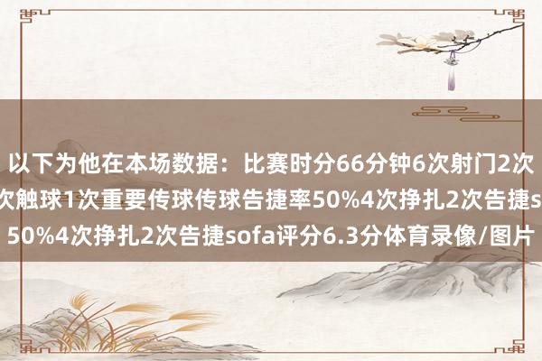 以下为他在本场数据：比赛时分66分钟6次射门2次射正2次错失良机20次触球1次重要传球传球告捷率50%4次挣扎2次告捷sofa评分6.3分体育录像/图片